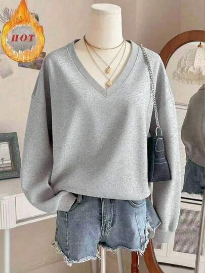 Lalippa Plus Size Casual Solid Color V-Neck Drop Shoulder Long Sleeve Sweatshirt, Autumn/Winter