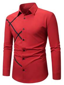 Calvornis Men's Fashionable Commuter Striped Print Long Sleeve Shirt, Autumn Red Dress Shirt For Men Red Design Shirt Men Casual Long Sleeve Shirts - Burgundy - View 4
