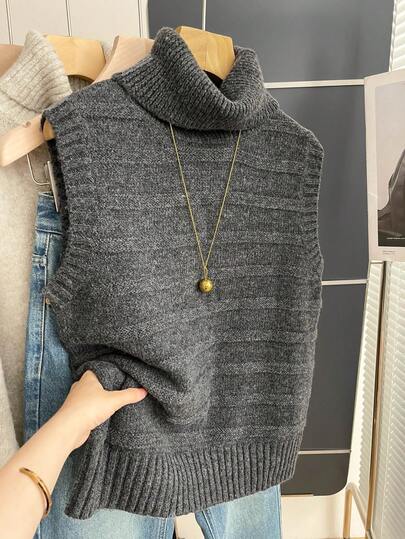 Franclia Women's Vintage Elegant Dark Grey Textured Turtleneck Sweater Vest, Autumn/Winter
