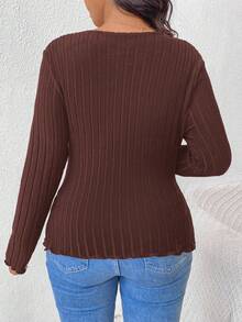 SHEIN Frenchy Plus Size Casual Ribbed Crew Neck Fitted T-Shirt/Winter - Brown - View 2