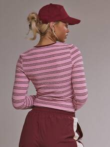 MUSERA Scoop Neck Striped Hook And Eye Fitted Long Sleeve Top  Cute Casual Cosy Cherry Lacquer Spring Summer Holiday - Red - View 4