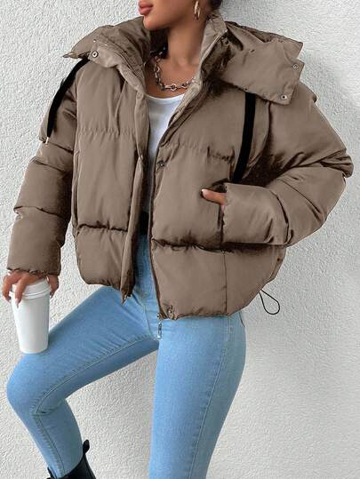 EURMUSE Women's Solid Color Long Sleeve Zip-Up Warm Padded Coat, Suitable For Daily Wear, Autumn/Winter