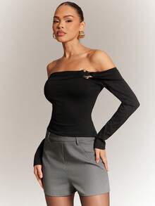 Hauture Women's Solid Color Off Shoulder Top With Metal Decoration - Black - View 6