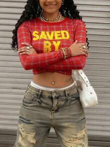 Rovax Women's Red Plaid Knit T-Shirt, Long Sleeve Top With Faith-Themed Print - Red - View 3