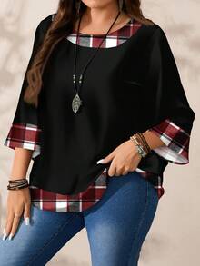 EMERY ROSE Plus Size Women Casual All-Over Print Round Neck Loose 3/4 Sleeve Shirt, Autumn/Winter Christmas Fall - Multicolor - View 7