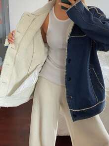 Livesso Damen lässige, weite Denim Jacke mit Umlegekragen, Herbst - Blau - Übersicht 8