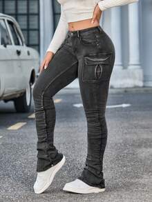 SHEIN Tall Women's Cargo Pocket Pleated Casual Skinny Jeans - Black - View 5