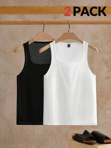 Manfinity VCAY 2pcs Men's Casual Jacquard Ribbed Slim Fit Knit Tank Top - Black and White - View 1