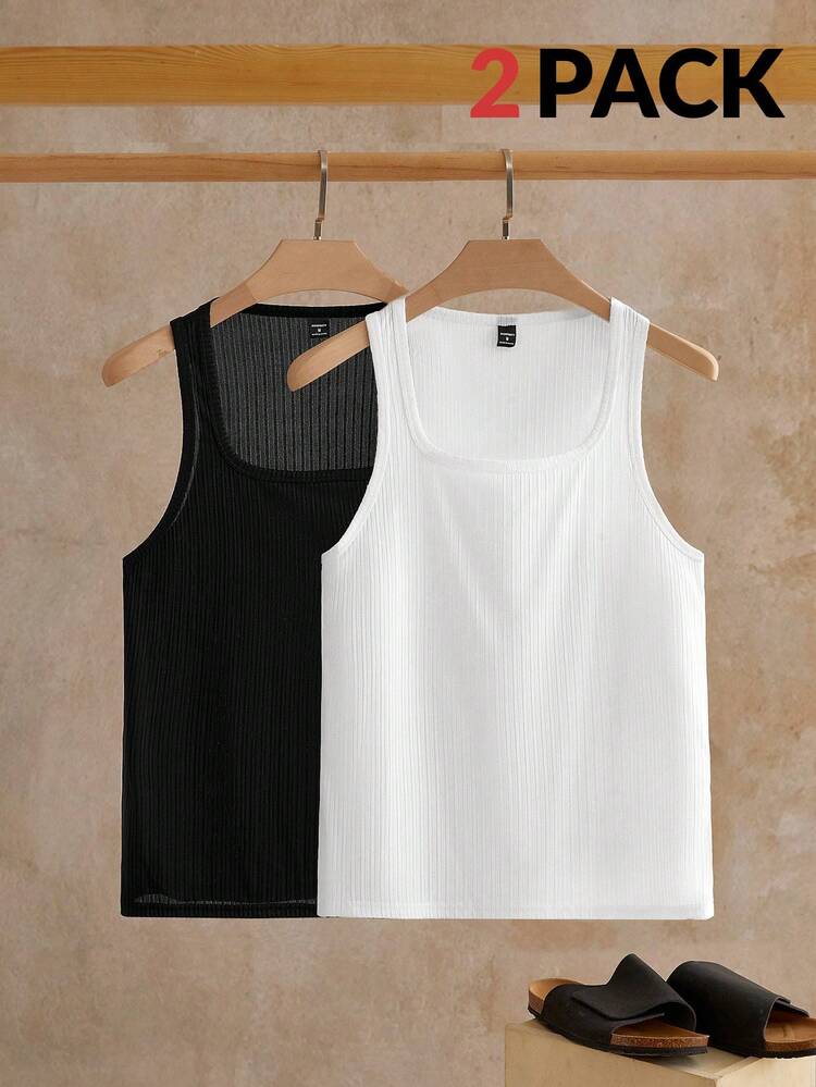 Manfinity VCAY 2pcs Men's Casual Jacquard Ribbed Slim Fit Knit Tank Top - Black and White - View 1