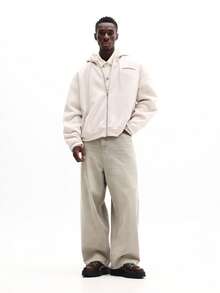 SUMWON 常规款男士全拉链连帽衫，带中央口袋，休闲街头风卫衣，适合秋冬季叠穿，纯色 - 杏色 - 查看 5