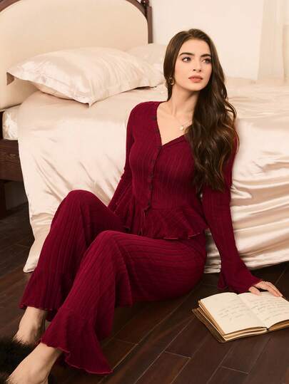 Moireta Elegante Mature Asymmetric Ruffle Patchwork Thickened Brushed Ribbed Button Neck Long Flare Sleeve Com Tafel Bordeaux Pajama Set view 6