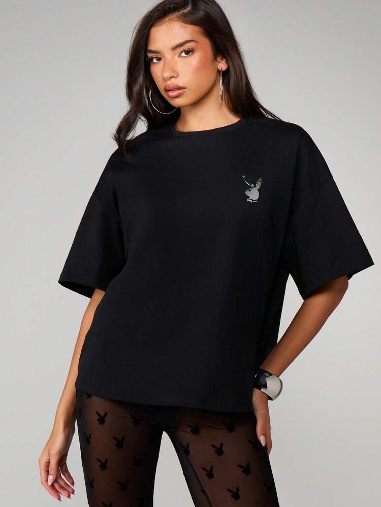 Missguided x Playboy Oversized Diamante Crystal Embellished Logo T-Shirt With Crew Neck Short Sleeves For Casual Weekend Streetwear