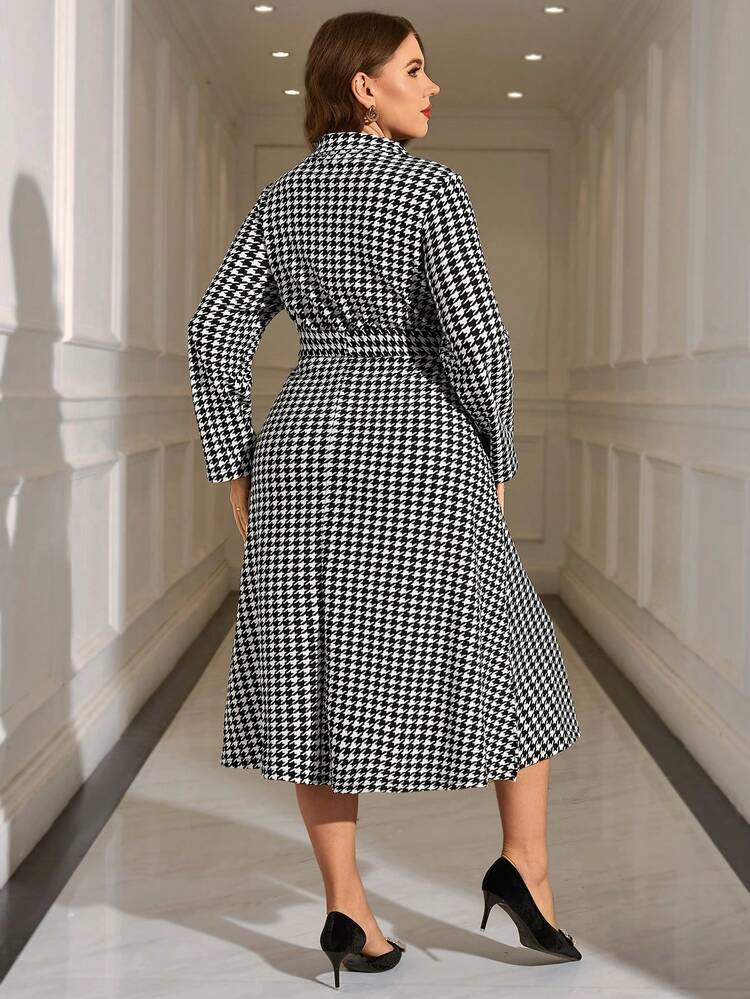 Plus Size Women's Casual Commuter Vintage Black & White Houndstooth Print Belted Shirt Dress, Spring/Autumn New Year Clothes  Clothes For New Year Midi Dress With Sleeve  Party Dress Elegant Dress Women Winter Clothes For Women Cozy Fall And Winter Clothes For Women  Elegant Dresses For Party ,Autumn/Winter,Going Out Outfits,2025 New Clothes,Simple And Fashionable For Everyday Wear, Plus Size Winter Clothes,New Year Dress Houndstooth Dress