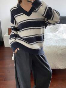 DAZY Women's Casual Colorblock Striped V-Neck Sweater, Autumn/Winter - Navy Blue - View 3