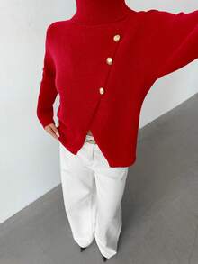SHEIN Elenzya Elegancki sweter damski z wysokim kołnierzem i metalowymi guzikami, jednokolorowy, długi rękaw, czerwony sweter świąteczny, jesień/zima - Czerwony - Zobacz 4