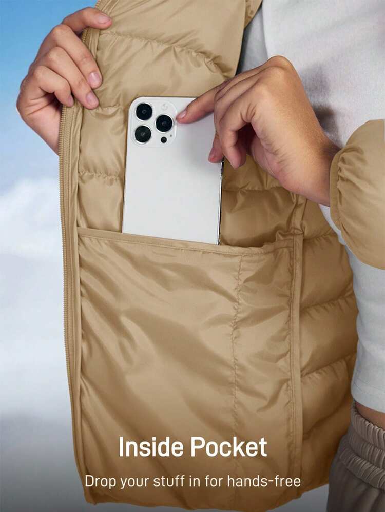 In My Nature 女士休闲字母图案拉链连帽户外羽绒服，秋冬款 - 卡其色 - 查看 7