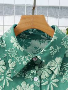 Chiquease 女士纯色提花面料翻领长袖休闲通勤时尚优雅复古衬衫 - 青碧色 - 查看 5