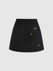 Sweetra 女士性感不对称褶皱亮片拉链派对迷你裙，紧身款，秋冬款 - 黑色 - 查看 2