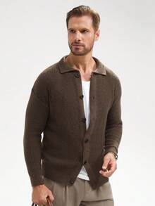 Claim Dot 男士纯色翻领纽扣开衫，落肩宽松厚实都市时尚休闲粗针开衫，送给丈夫、男友的礼物，秋冬季长袖上衣