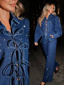 Selenza Women's Fashion Commuter Rhinestone Decor Lace-Up Shirt And Jeans Set - Blue - View 1