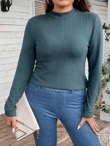 SHEIN LUNE Plus Solid Mock Neck Going Out Tops Tee - Dusty Blue - View 5