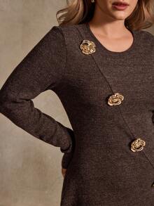 Elegantrix Plus Size Women Textured Floral Chiffon Ribbed Knit Rose Metal Button French Casual Split Dress, Autumn/Winter - Rust Brown - View 4