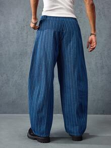 ROMWE MEN Prep Men's Casual Printed Striped Curved Hem Denim Jeans - Blue - View 3