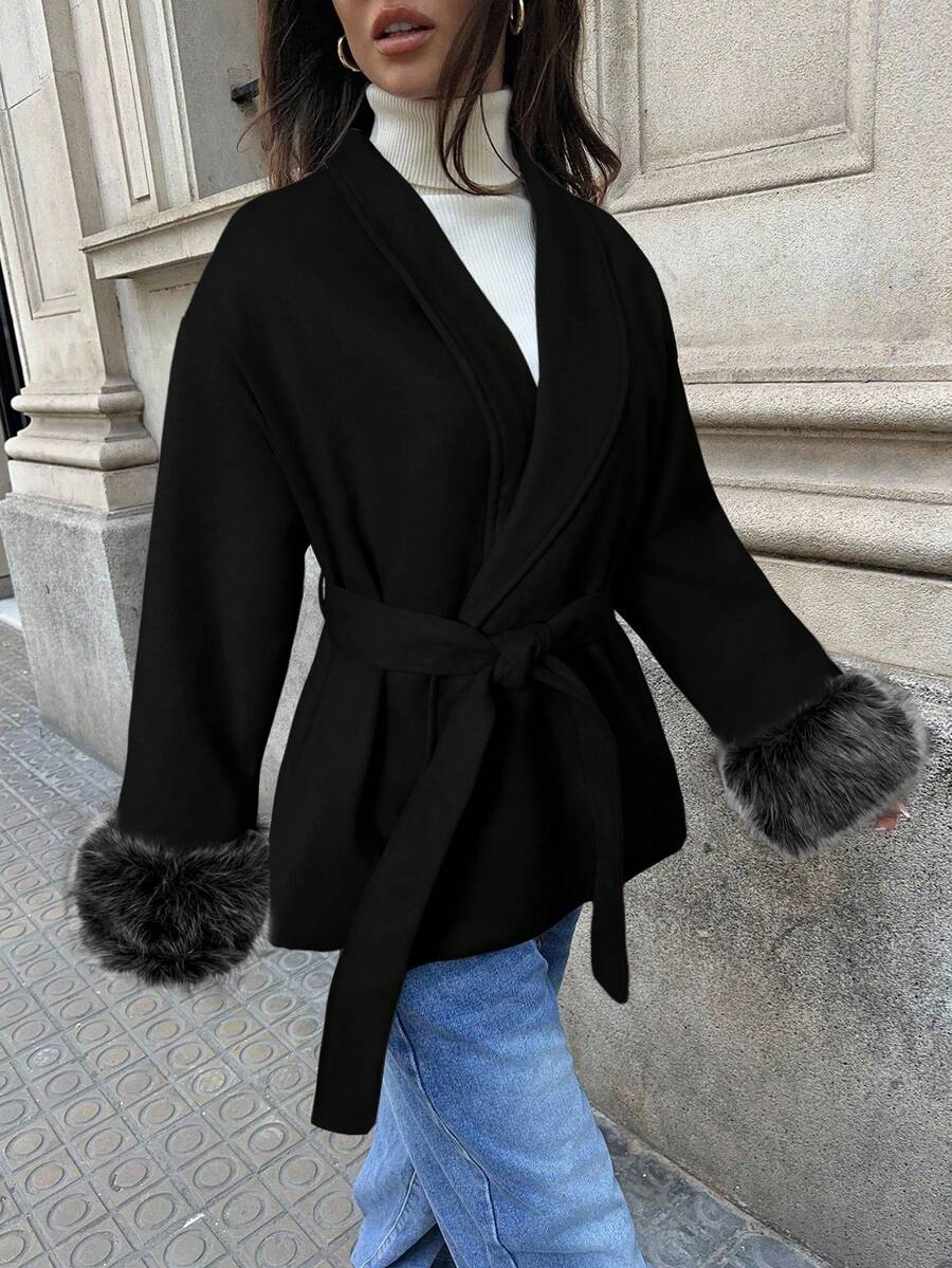 Aloruh Trendig svart överrock med fuzzy cuff, höst/vinter - Svart - Visa 1