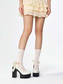 ROMWE Goth Giày cao gót đế dày đế thô thời trang Mary Jane màu trơn đính ngọc trai, trang trí nơ ren, thích hợp cho tiệc tùng, đi chơi, hẹn hò - trắng - Xem 2