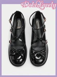 Dola Lovely 女士黑色交叉蝴蝶结可爱洛丽塔漆皮厚底玛丽珍鞋，适合万圣节、圣诞节、感恩节 - 黑色 - 查看 5