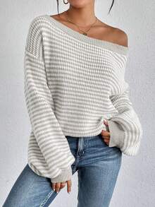 SHEIN LUNE Striped Pattern Off Shoulder Lantern Sleeve Sweater,Long Sleeve Tops,Off The Shoulder Sweater In Fall/Winter - Multicolor - View 7