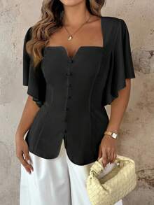 Roveilla Blouse élégante de style français pour femmes grandes tailles, de couleur crème jaune, avec col volant, taille cintrée, ourlet évasé, décoration de boutons, manches évasées. Convient pour la plage, le bureau, les festivals de musique, le thé de l'après-midi - Noir - Voir 5