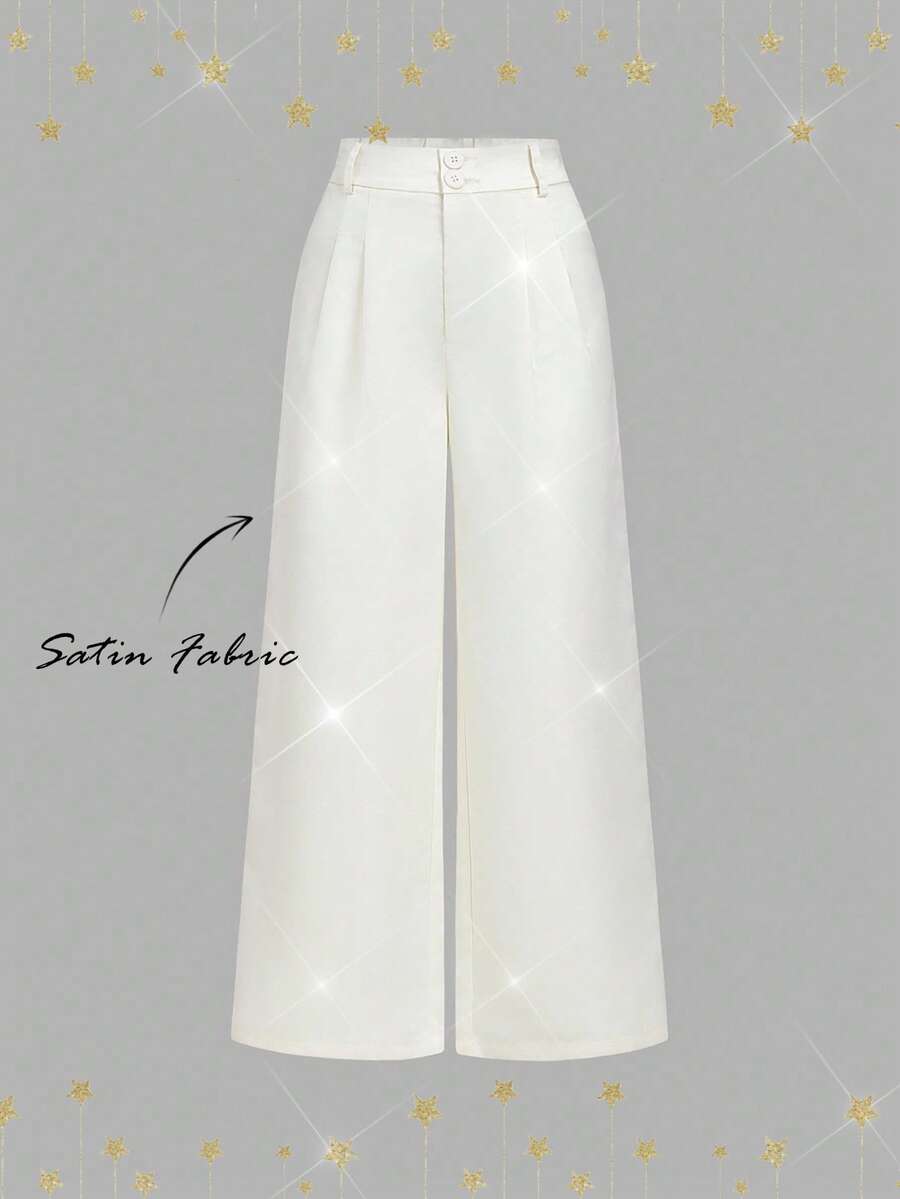 SHEIN MOD 杏色高腰缎面阔腿宽松女裤，时尚女裤，白色长裤，冬季女装，圣诞派对服装，新年服装，感恩节服装，优雅服装，派对服装，舞会服装，优雅派对礼服，新年夜 - 杏色 - 查看 1