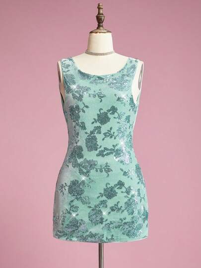 ROMWE Avant Heavily Beaded & Sequined Backless Draped Neck Design Velvet Party Dress, Sapphire Blue