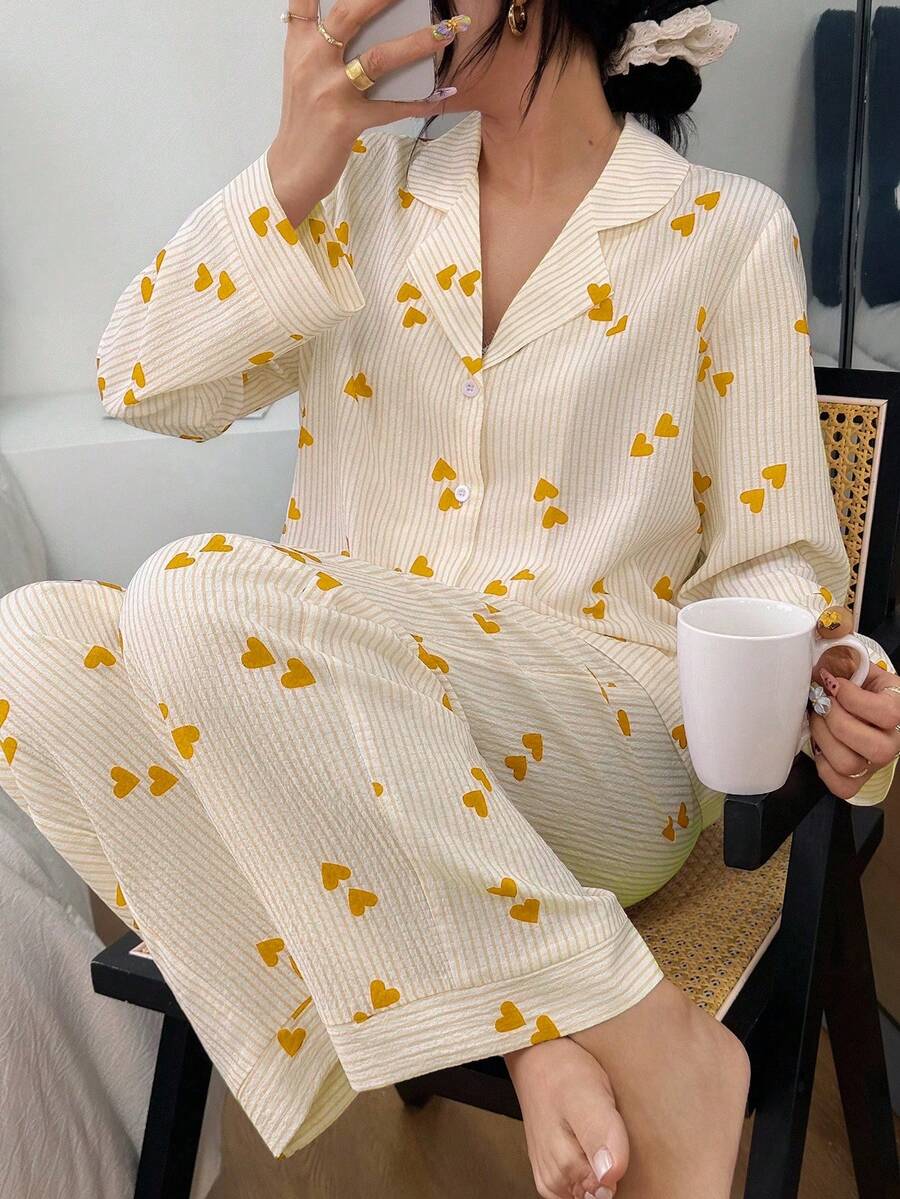 Miss Vinta Women's Collared Heart Striped Long Sleeve Pajama Set Striped Heart Print 2 Pieces Set, Winter Clothes - Yellow - View 1