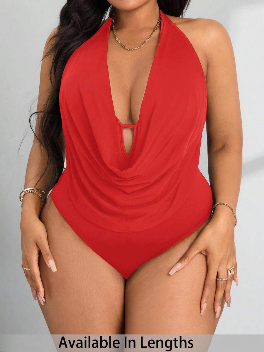 SHEIN PETITE CURVE Bộ đồ liền thân hở lưng phía trước xếp nếp cỡ lớn dành cho nữ - Đỏ - Xem 1