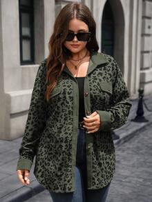 EMERY ROSE Plus Size Women Leopard Print Patchwork Shirt Style Jacket, Autumn/Winter - Army Green - View 3