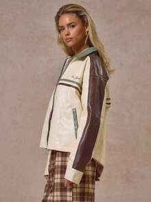 MUSERA Print Stripe Collared Faux Leather Jacket Winter Cool Streetwear Going Out Casual Everyday New Retro - Multicolor - View 3