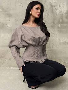 Firerie Chemisier kaki à manches longues, épaules obliques, taille froncée, élégant et raffiné, pour le travail et la ville, style vintage chic urbain - Kaki - Voir 8