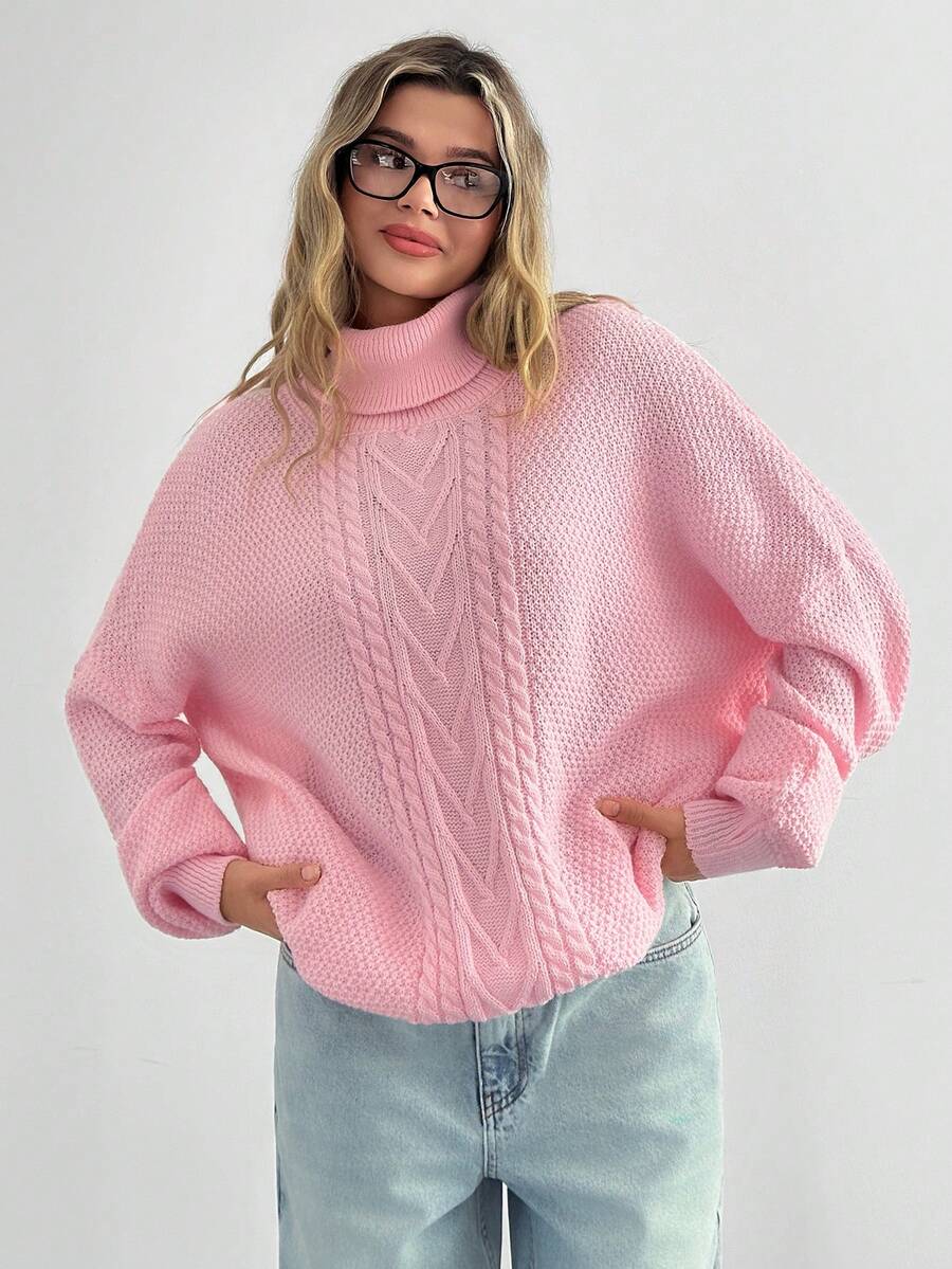 EURMUSE Damen Oversize Strukturpullover mit Zopfmuster und Korb-Stich Details vorne