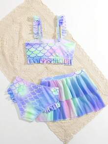 Tween Girls' Summer Beach Mermaid Scale Print 3 PiecesBikini Set Two Piece Tween Vacay Tween Swimsuits Sea Shells Girls Swim Skirt Set Tween Two Piece Summer Tween Swimsuits Sea Shells With Skirt Summer Two Piece Set Tween