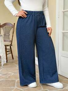 SHEIN Unity Damen Jeans in Große Größen mit elastischem Bund, weitem Bein und lockerer Passform - Blau - Übersicht 4