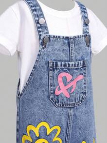 SHEIN ChillGRL 女童花朵、心形和彩虹涂鸦印花休闲舒适柔软牛仔连体裤