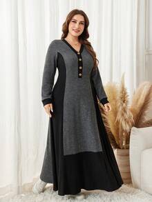 Lacomfia Plus Size Color Block Long Sleeve Knit Casual Comfortable Long Ribbed Sweater Dress Fall - Dark Grey - View 6