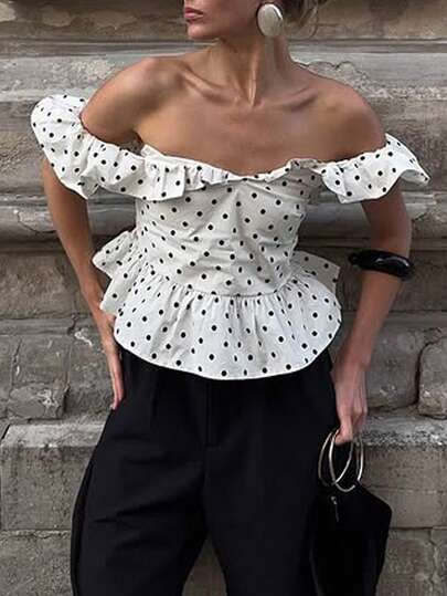 SHEIN Frenchy Women's Off-Shoulder Ruffle Polka Dot Blouse, Off-Shoulder Vintage Streetwear Tops, Reversible Polka Dot Backless Shirt Summer Casual