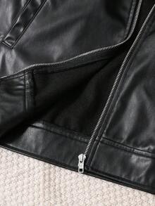 SHEIN Teen Boys' Basic Biker Jacket,Casual Loose Lapel College Style Fashionable Haut,Comfortable Versatile For Daily Wear,School,Outdoor Fall Winter - Black - View 7