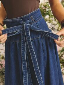 Aralina Chân váy denim midi dáng suông thanh lịch dành cho nữ, kiểu thắt eo bất đối xứng, màu trơn, tối giản, phong cách thường ngày, thích hợp cho công sở, đi làm, kiểu đồng quê, kiểu Stockholm. - Rửa tối - Xem 3