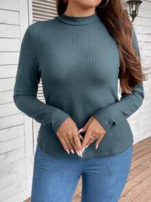 SHEIN LUNE Plus Solid Mock Neck Going Out Tops Tee - Dusty Blue - View 3