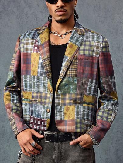 Street Life Traje a cuadros de manga larga con botones delanteros, cuello y hombros en contraste de color para hombre