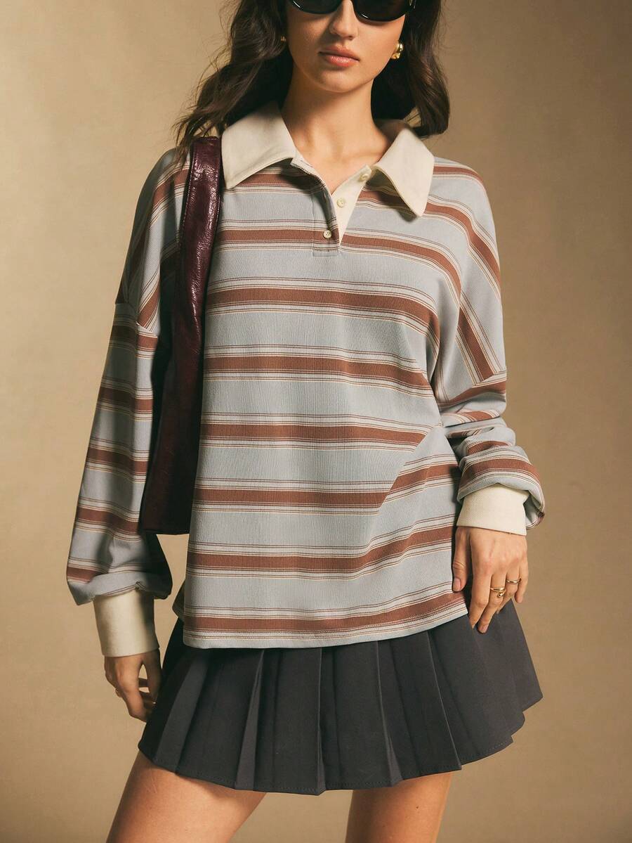 Poéselle Women's Oversized Striped Rugby Polo Shirt – Long-Sleeve Collared Preppy Tee In Soft Knit Oversized Rugby Shirt Women Striped Polo Shirt Preppy Aesthetic Vintage Rugby Top Old Money Style Collegiate Fashion Fall Casual Layering Long Sleeve Polo Women Women's Casual Striped Dropped Shoulder Loose T-Shirt, Autumn Winter For Women
